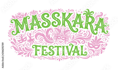 MassKara Festival Bacolod carnival mask lettering and ornate floral doodle vector illustration