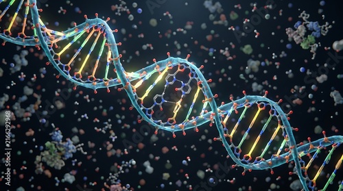 Konstfotografi Detailed 3D rendering of double helix DNA strand floating amidst molecular parti