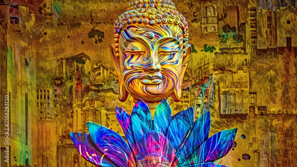 Obraz premium Vibrant Buddha Statue Adorned with a Colorful Lotus Flower