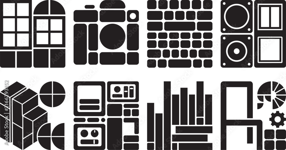 Fototapeta premium Contemporary Abstract Geometric Block Set Vector Collection Featuring Window and Speaker Icons for Graphic Layouts