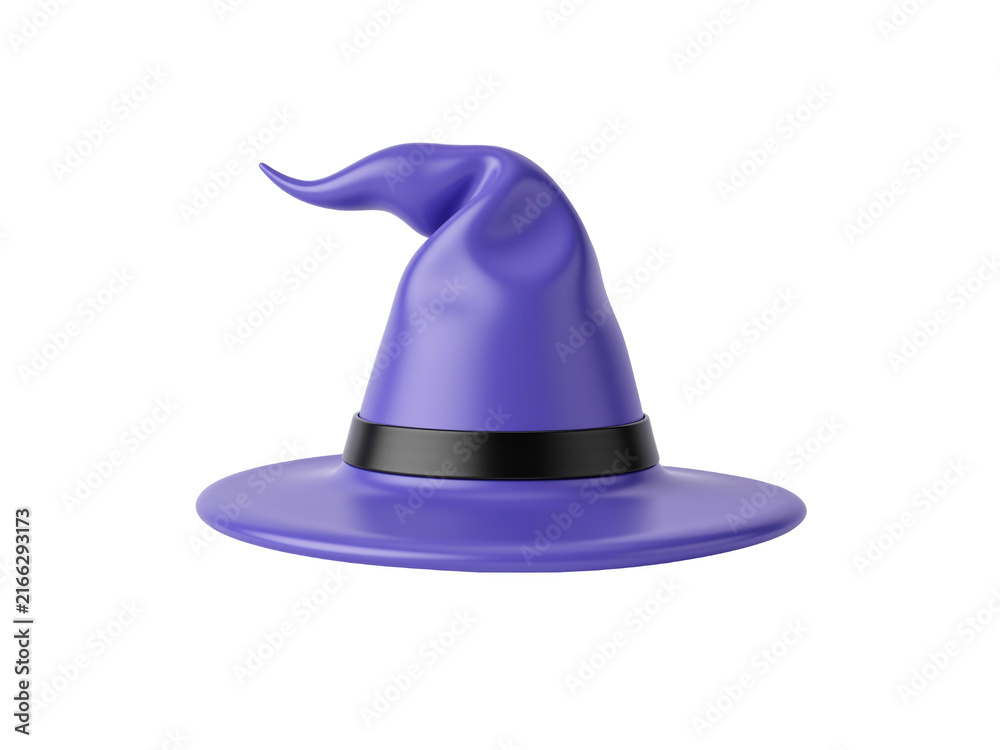 Fototapeta premium Purple witch hat with a drooping tip and a black band, isolated on transparent background