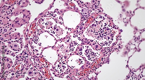 Obraz na plátně Histological section view of human lung tissue under microscope showing alveoli