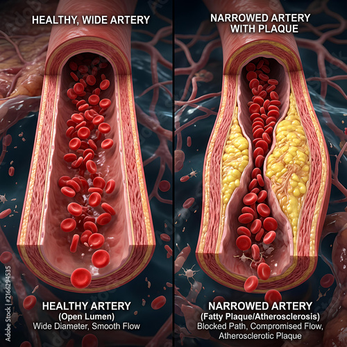 Medical illustration comparing healthy and atherosclerotic artery.