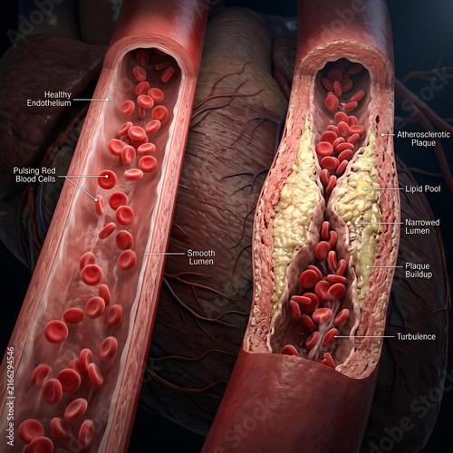 Medical illustration of healthy and cholesterol clogged human arteries.
