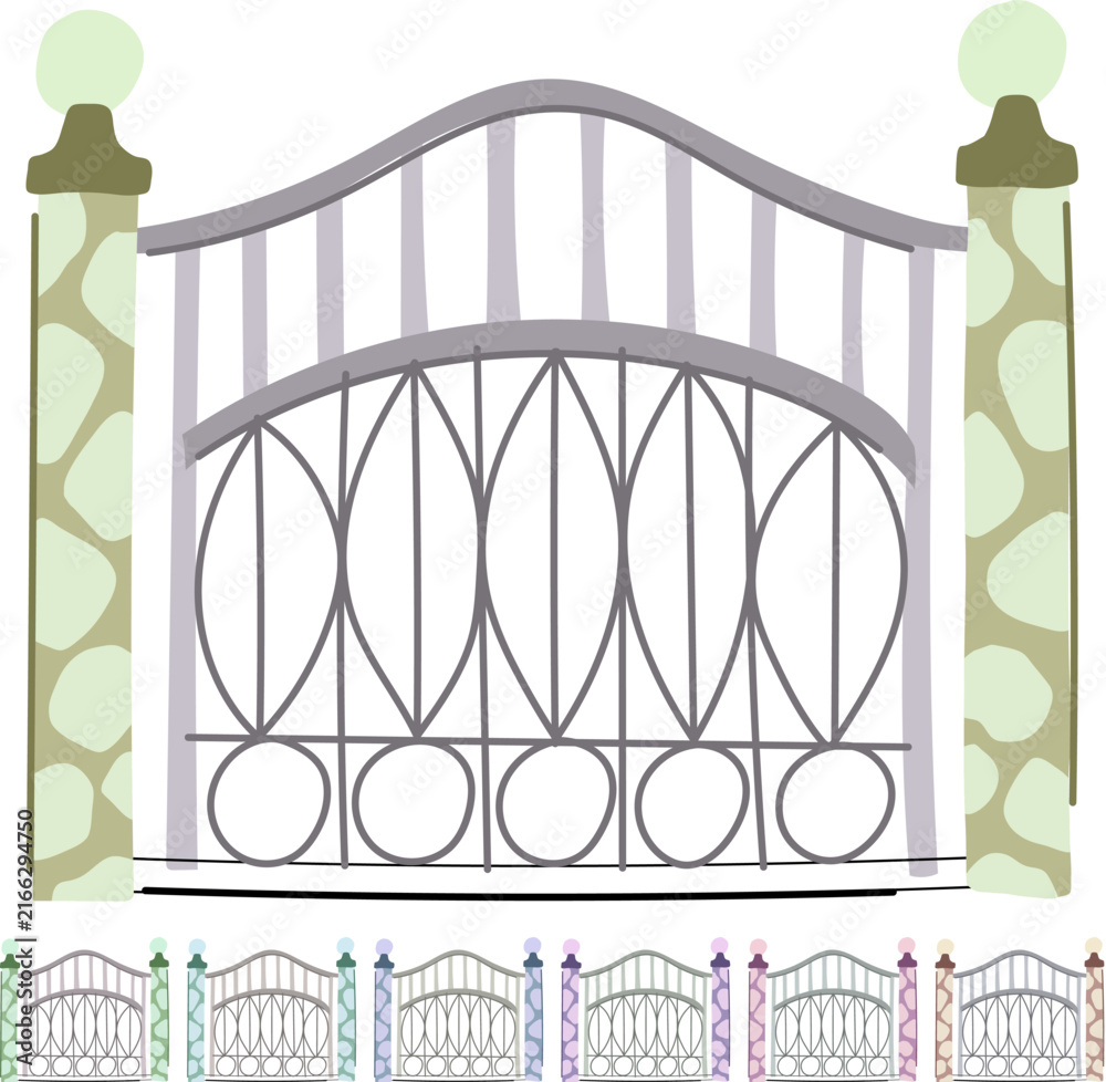 Fototapeta premium Decorative metal gate featuring an arched top and ornate scrollwork between two sturdy stone pillars with spherical caps, representing security and entrance