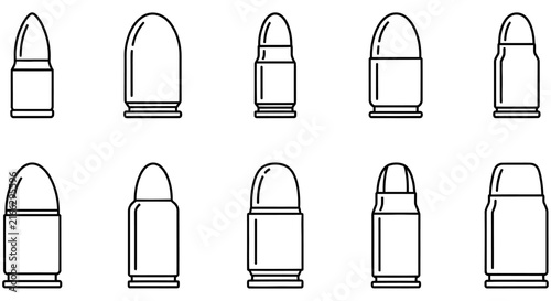 Line art illustration of various bullet shapes on a white background