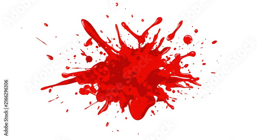 Red blood splatter on white background. Abstract liquid paint splash for horror design.