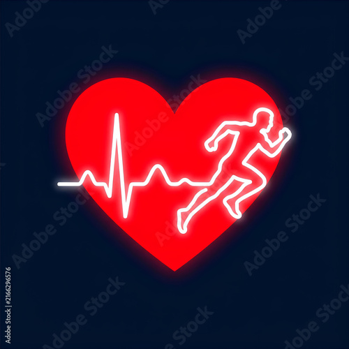 Neon heart sign with heartbeat line and runner icon.