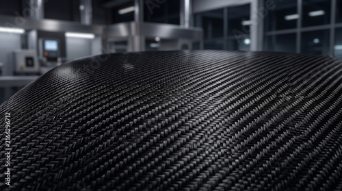 Black carbon fiber texture background. Close up of woven composite material for automotive.