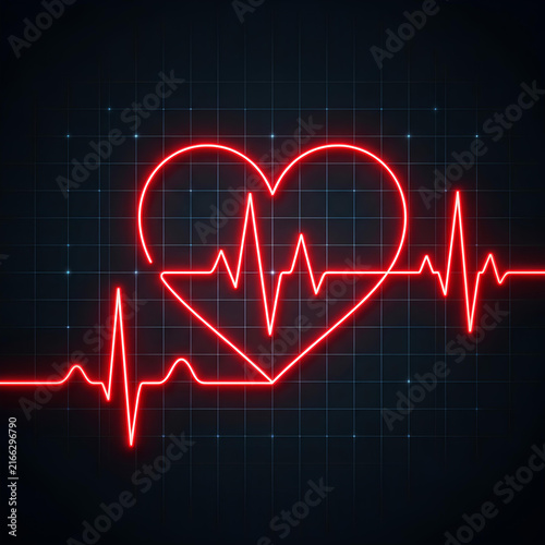 Neon red heart outline with EKG pulse line.
