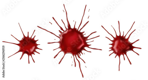 Red blood splatter isolated on white. Realistic liquid drops and ink splash design element.