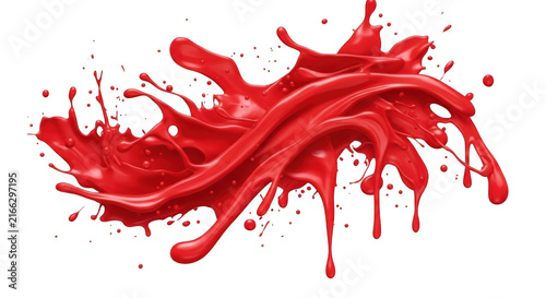 Bright red blood splatter isolated on white background. Vibrant liquid paint splash with dynamic motion and texture.