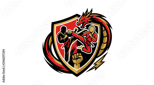 Foto Vector illustration of karate fighter with dragon inside shield badge