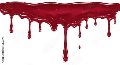 Red blood dripping down. Liquid paint or syrup flowing on a clean white background surface.