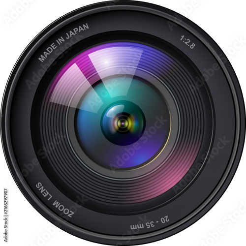 Camera photo lens icon isolated, professional DSLR zoom lens front view.