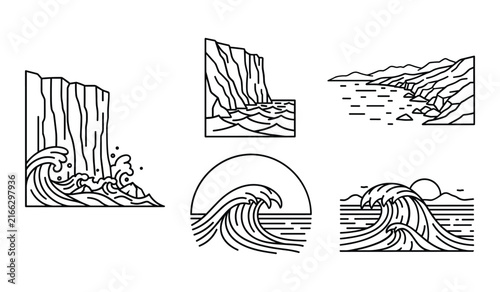 Set collection black white line art illustrations showing ocean waves crashing against rocky cliffs plus coastal mountain landscape scenes