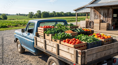 Garden and vegetable garden transport with blue pickup truck loaded with harvest. Fresh produce in garden and vegetable garden includes crates of tomatoes and greens.