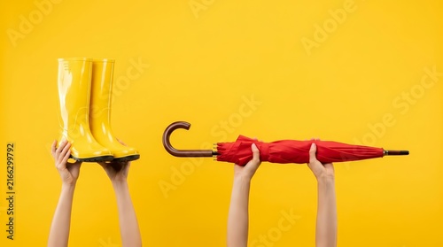 Stylish yellow rain boots and a red umbrella being held up by hands on a yellow backdrop.