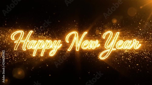 Glowing golden Happy New Year text on dark background