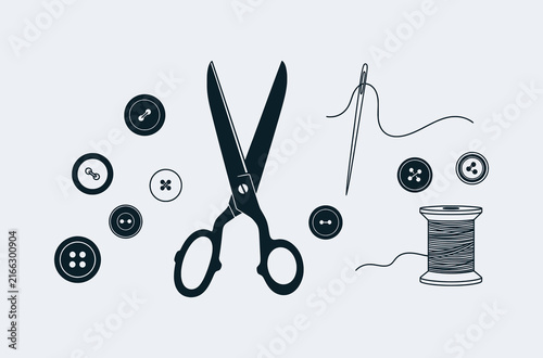 Vintage sewing kit illustration with scissors, buttons, needle and thread spool on plain background