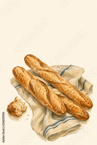 Fresh French Baguettes on Linen Cloth, Watercolor Food Illustration with Copy Space