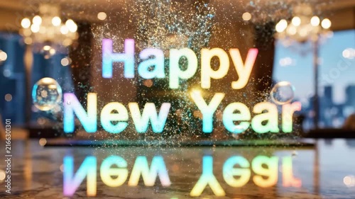 Glowing Happy New Year text with liquid splash in luxury interior