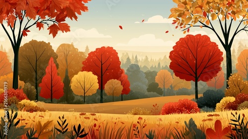 Colorful trees in an autumn landscape during a clear day