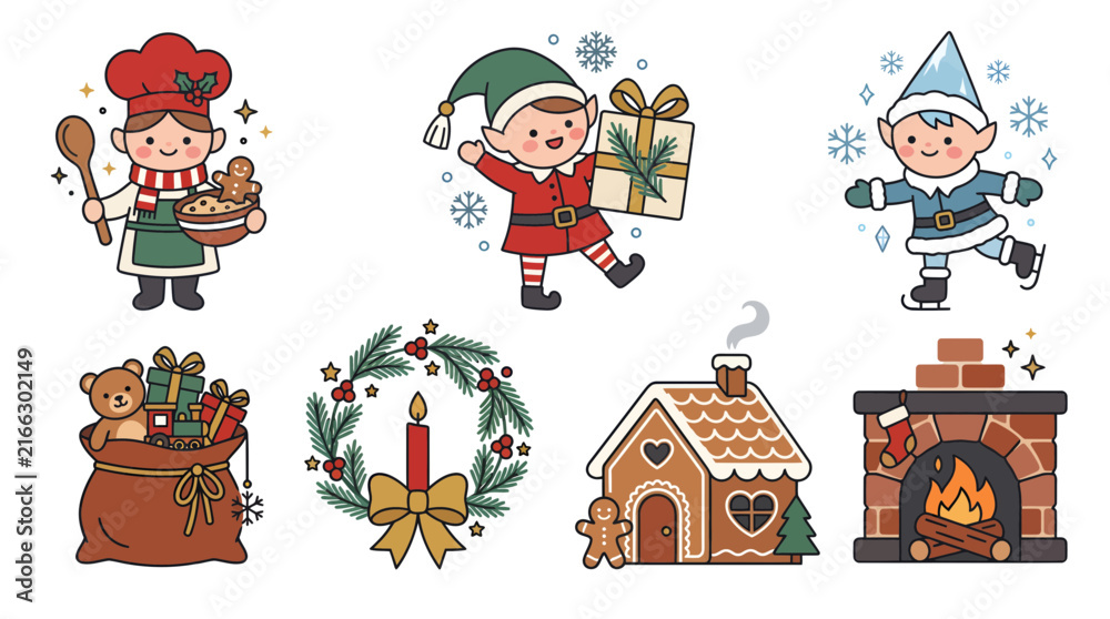 Fototapeta premium Set of cute hand drawn Christmas elements featuring elves and holiday decorations.