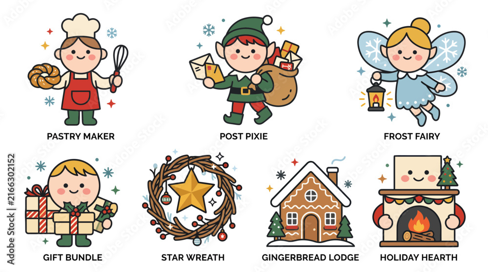 Fototapeta premium Set of cute hand drawn Christmas holiday character and object icons.