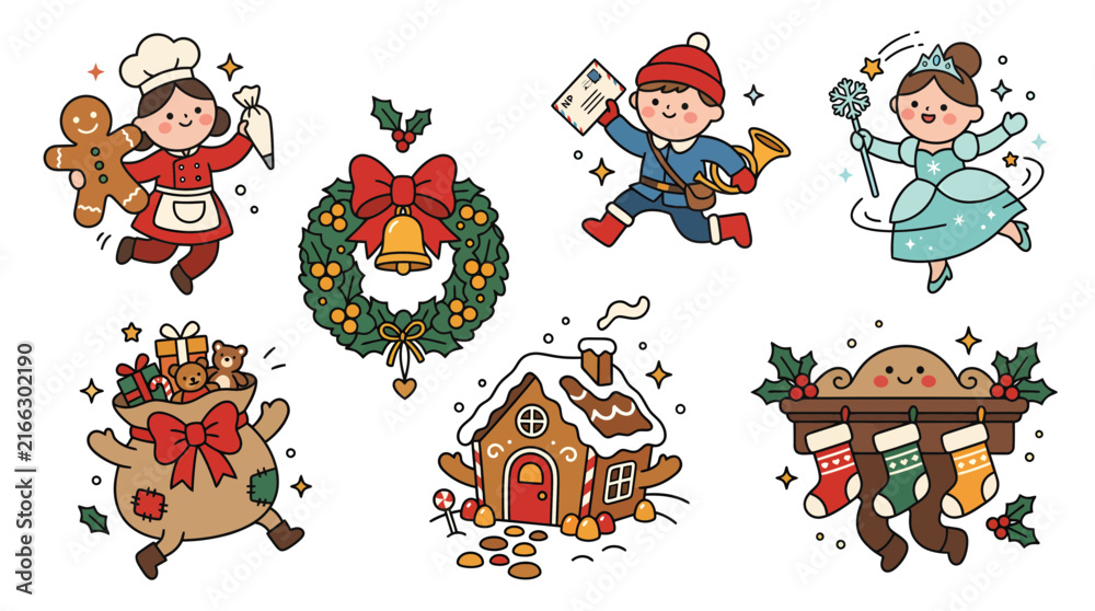 Obraz premium Set of cute hand drawn Christmas holiday doodle characters and festive decorations.