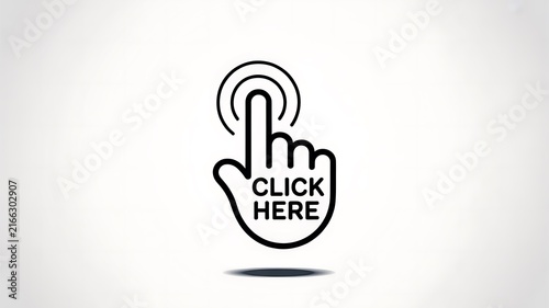 Black hand icon with click here text on white background
