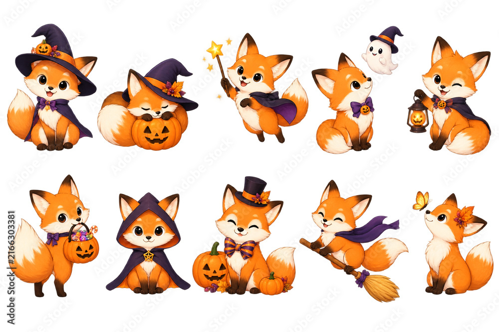 Obraz premium Cute fox vector illustration set with various Halloween costumes and poses