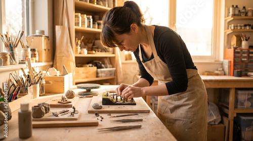 A female artisan focuses on crafting handmade ceramic pieces at a well-lit workshop workbench.