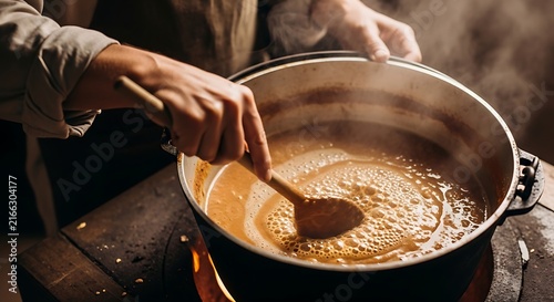 Hands stirring thick liquid in large pot on rustic stove.