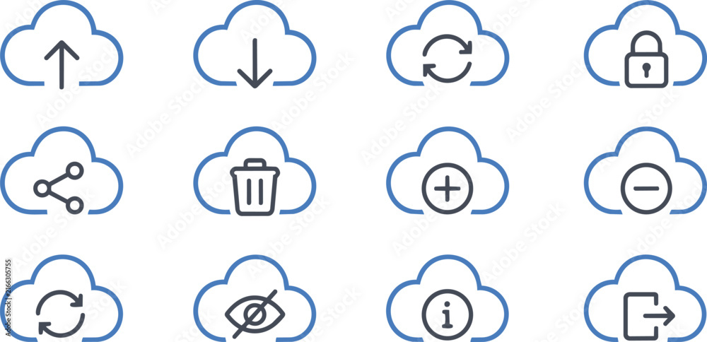 Obraz premium Cloud Computing Icons Set With Various Network Interface Symbols
