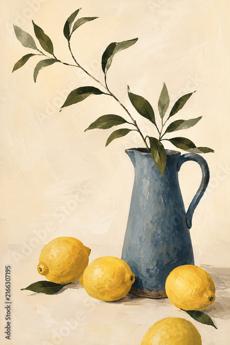 Lemons with Blue Ceramic Pitcher and Green Branches, Mediterranean Still Life Gouache Illustration