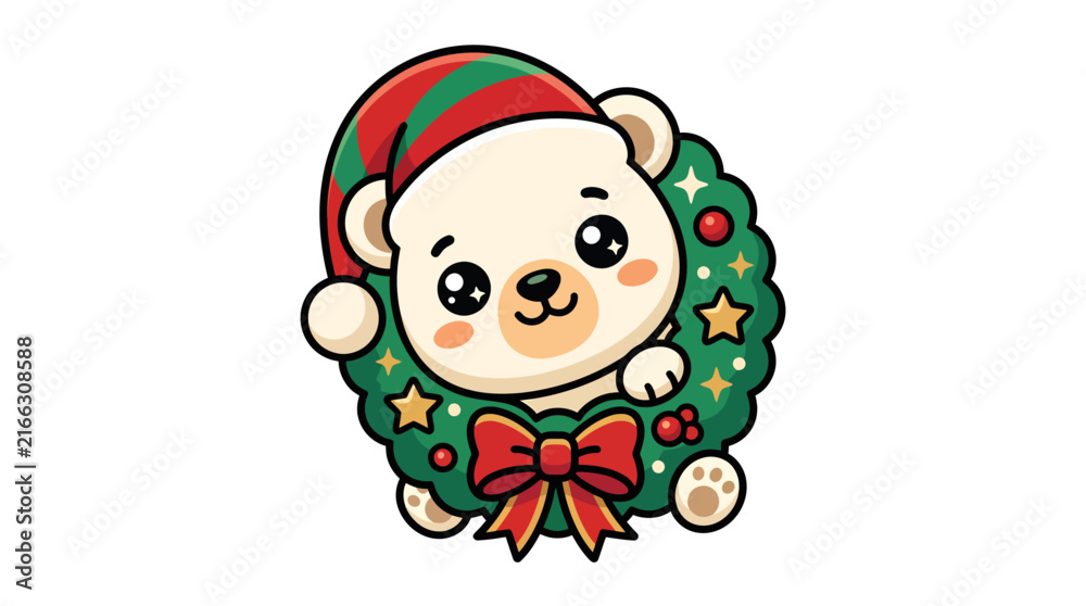 Fototapeta premium Cute cartoon polar bear wearing a festive Christmas hat inside a decorated holiday wreath.