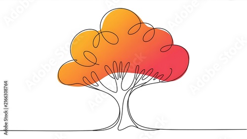 Continuous one line drawing of a colorful autumn tree