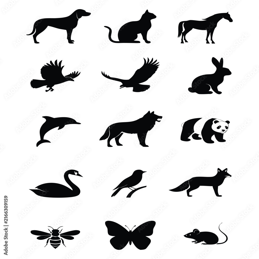 Obraz premium Animals and Pets Icons Set Vector Silhouettes