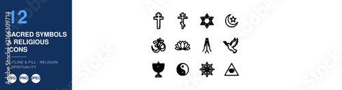 Sacred Symbols and Religious Icons Set, Outline Style, Spiritual Design Featuring Spirituality, Vector