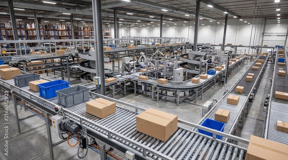 Fototapeta premium Cardboard boxes moving on a conveyor belt system inside a large modern industrial warehouse and distribution center