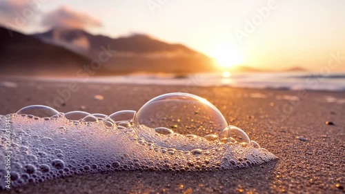 Macro sea foam bubbles on beach sand at sunset.