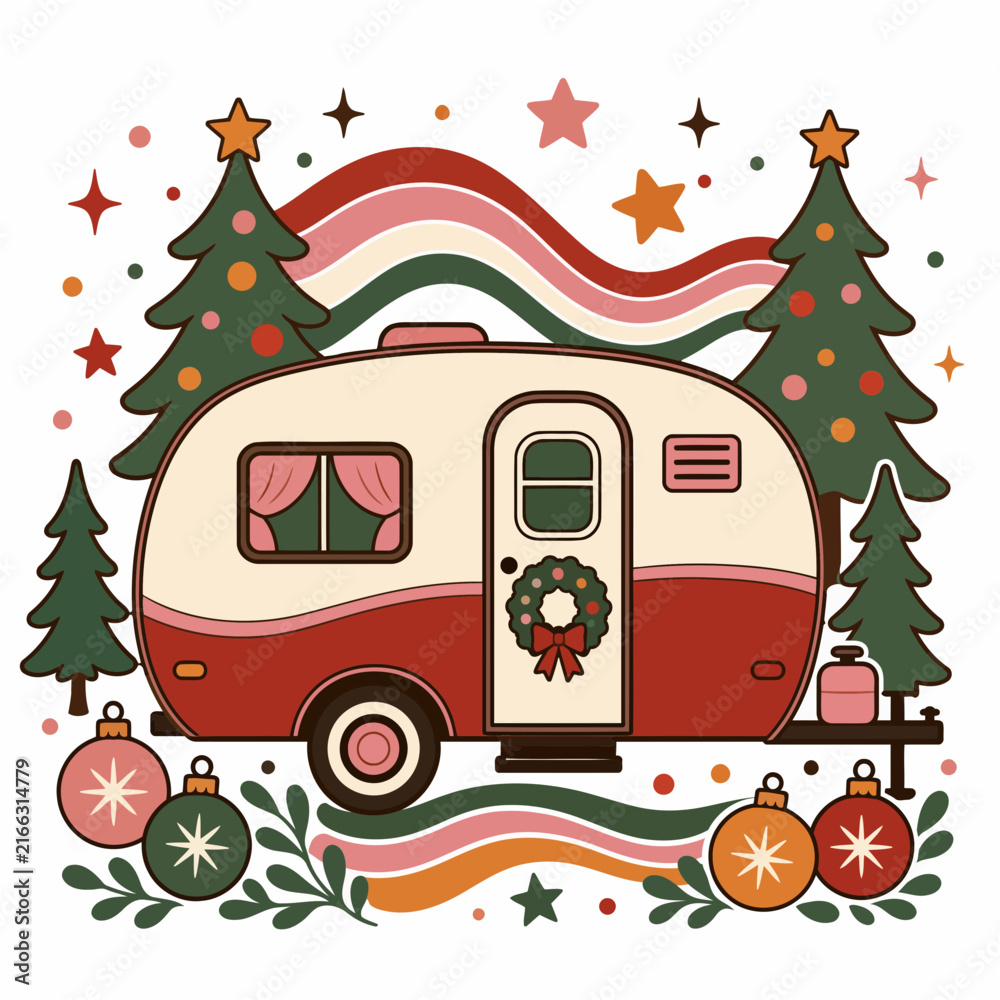 Naklejka premium Retro Christmas camper illustration with pine trees and festive ornaments in a flat vector style.