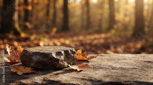 Autumn Product Display Podium with Golden Leaves and Copy Space