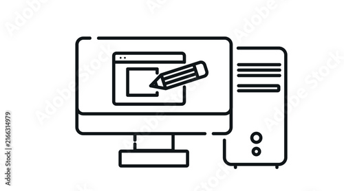 Desktop computer tower and monitor with web design layout symbol on screen vector icon. Black line art style on white background. 