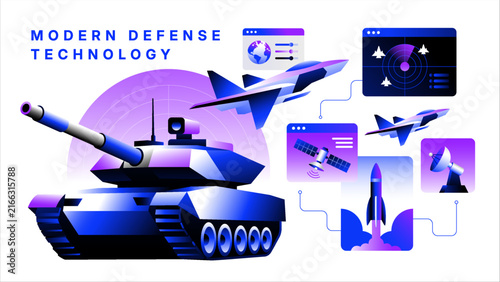 Modern Defense Technology Concept with Battle Tank, Combat Aircraft, Missile System and Digital Command Interface, Flat Vector Illustration