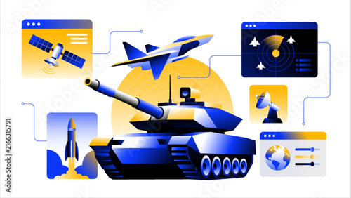 Modern Defense Technology Concept with Military Tank, Fighter Jet, Missile Launch and Radar Monitoring System, Flat Vector Illustration