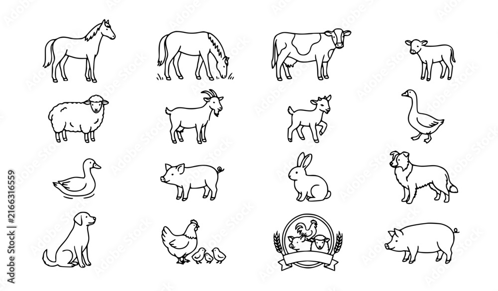 Fototapeta premium Farm Animals Line Art Vector Set Horse Cow Sheep Goat Goose Pig Rabbit Dog Outline Illustration Collection