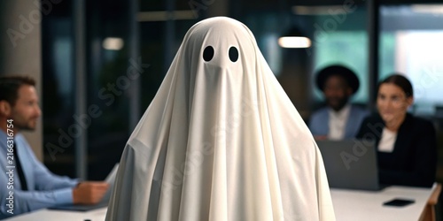 Cinematic ghost Halloween costume in office concept. Person dressed as a ghost with a white sheet over them in a business meeting room with colleagues around a table.