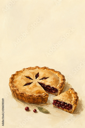 Homemade Red Berry Pie with Golden Crust and Slice, Rustic Gouache Food Illustration